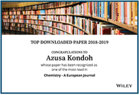 寺田研の論文がChemistry – A European Journal誌のtop downloaded articleの一つに選ばれました！